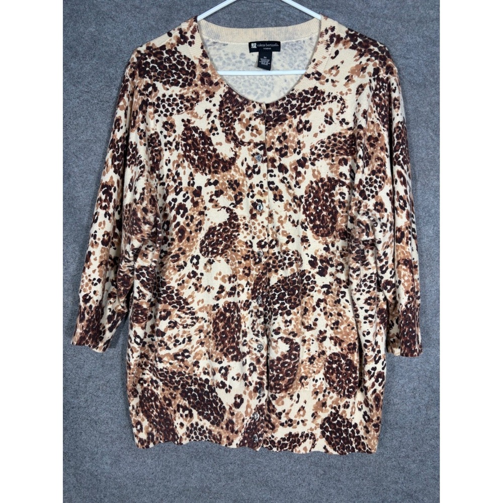 Valerie Bertinelli Womens 3X Animal Print Button Front Cardigan Sweater Brown